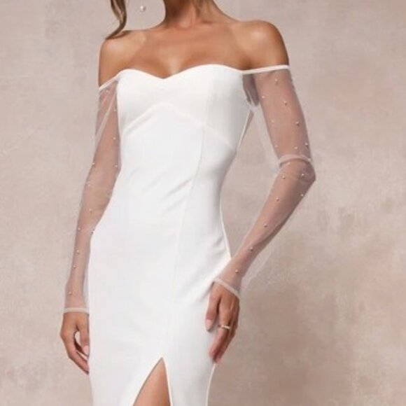 Eternally Beloved White Mesh Off-the-Shoulder Pearl Maxi Dress Size XS - Picture 4 of 5
